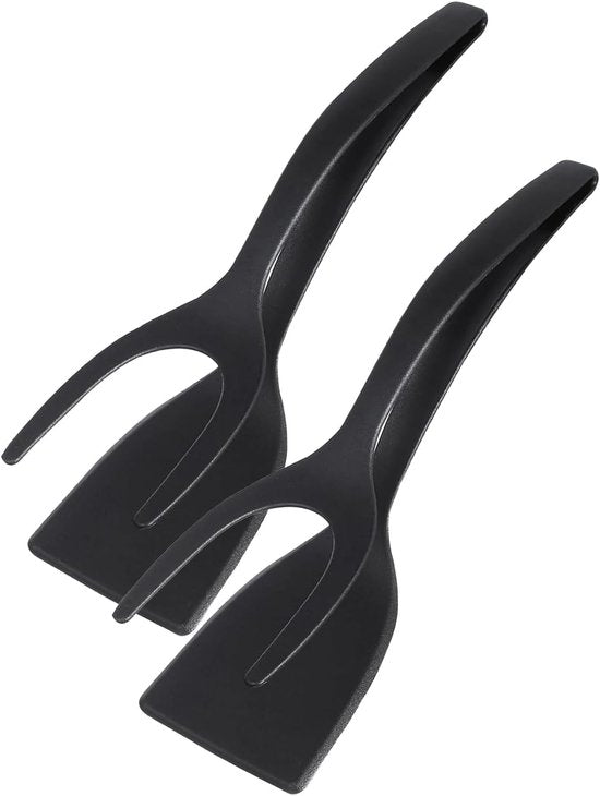 Set of 2 Food Tongs - 2-in-1 Flipper/Deep Fryer - Egg Flipper - Spatula with Clip - Egg Flipper, Kitchen Tools for Home - Black