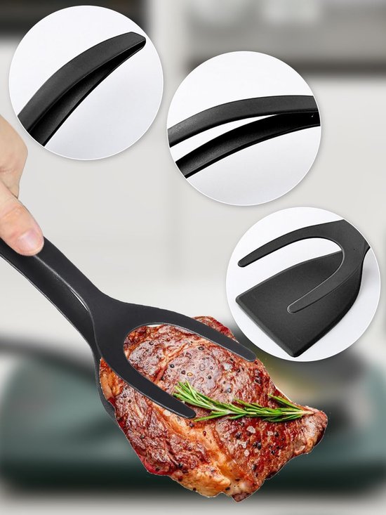 Set of 2 Food Tongs - 2-in-1 Flipper/Deep Fryer - Egg Flipper - Spatula with Clip - Egg Flipper, Kitchen Tools for Home - Black