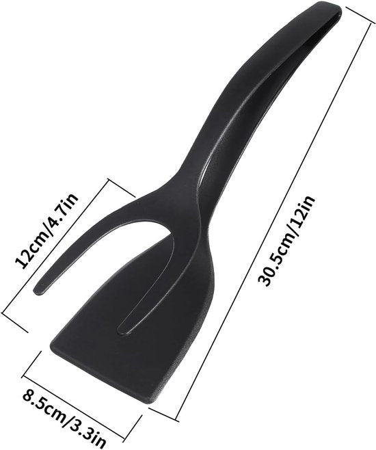 Set of 2 Food Tongs - 2-in-1 Flipper/Deep Fryer - Egg Flipper - Spatula with Clip - Egg Flipper, Kitchen Tools for Home - Black