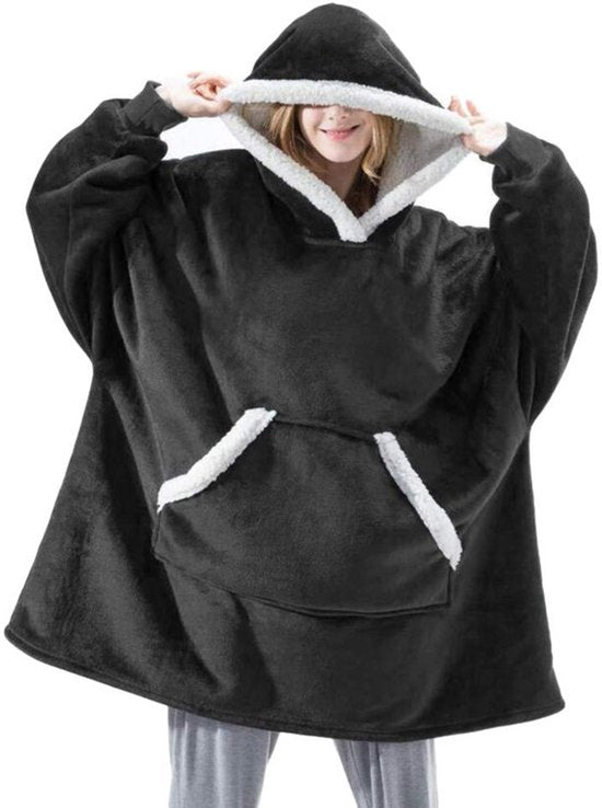 Hooded Blanket with Sleeves - Soft Sherpa Fleece - For Adults - As Homewear & Sleeping Robe - Black