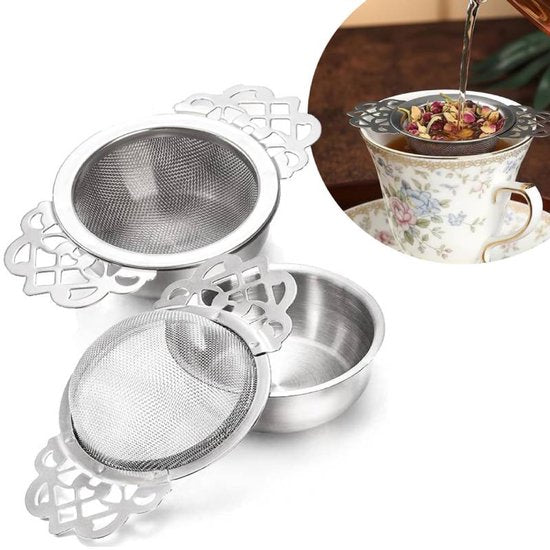 Tea Strainer - 2-piece set - Stainless steel tea infuser - Tea steeper with handle and drip cup - 6.5 cm - Mesh tea filter