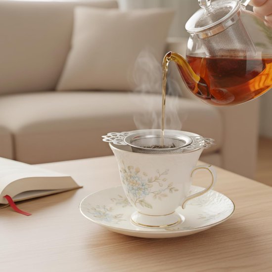 Tea Strainer - 2-piece set - Stainless steel tea infuser - Tea steeper with handle and drip cup - 6.5 cm - Mesh tea filter