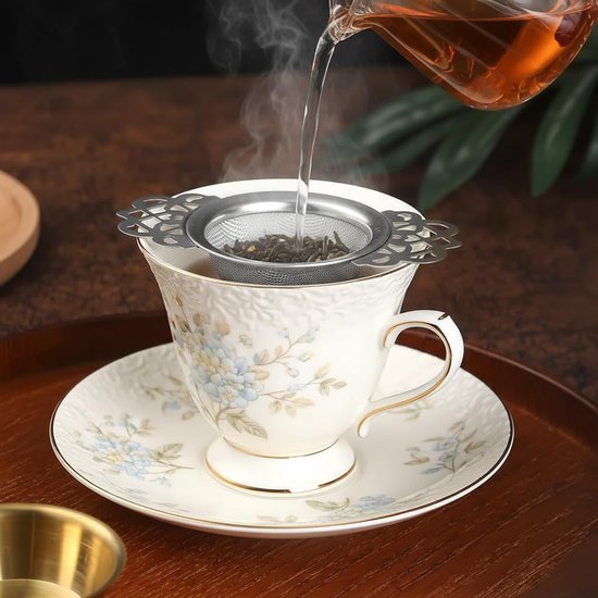 Tea Strainer - 2-piece set - Stainless steel tea infuser - Tea steeper with handle and drip cup - 6.5 cm - Mesh tea filter