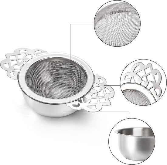 Tea Strainer - 2-piece set - Stainless steel tea infuser - Tea steeper with handle and drip cup - 6.5 cm - Mesh tea filter