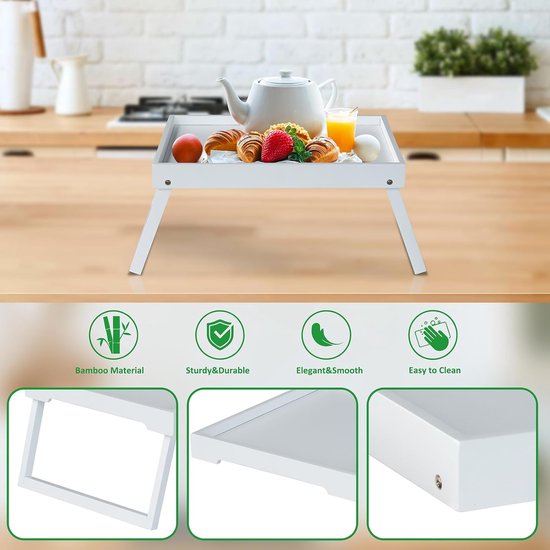 Folding table - Multifunctional folding table for home - Folding bamboo bedside table - Can be used as a dining table, TV table, laptop table, snack table, sofa table or work table - White