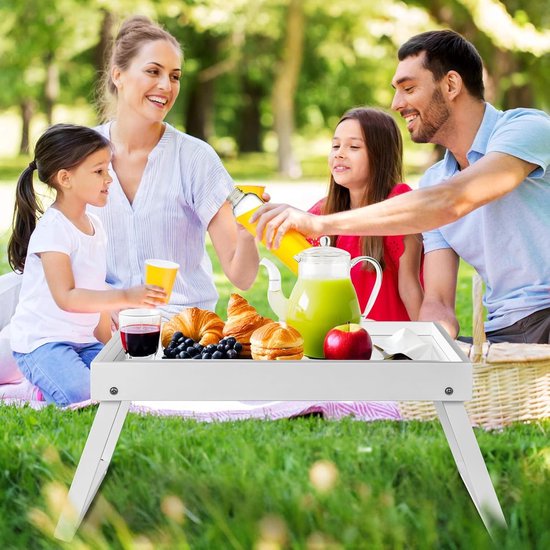 Folding table - Multifunctional folding table for home - Folding bamboo bedside table - Can be used as a dining table, TV table, laptop table, snack table, sofa table or work table - White