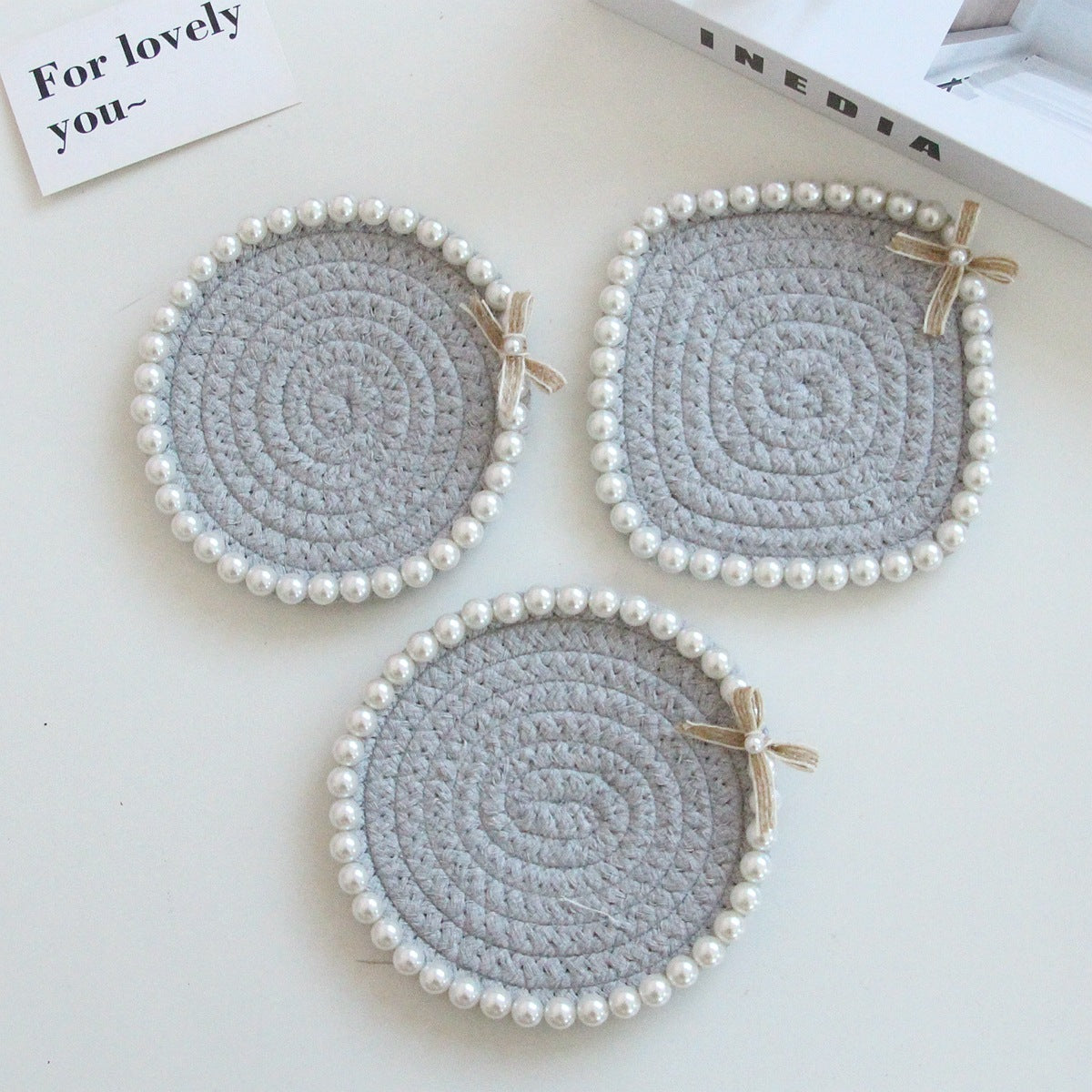Coasters - Pearl Decoration - Cotton Rope - Hand-woven - Thick and Absorbent - Insulated and Heat-Resistant - Round - 3-Pack
