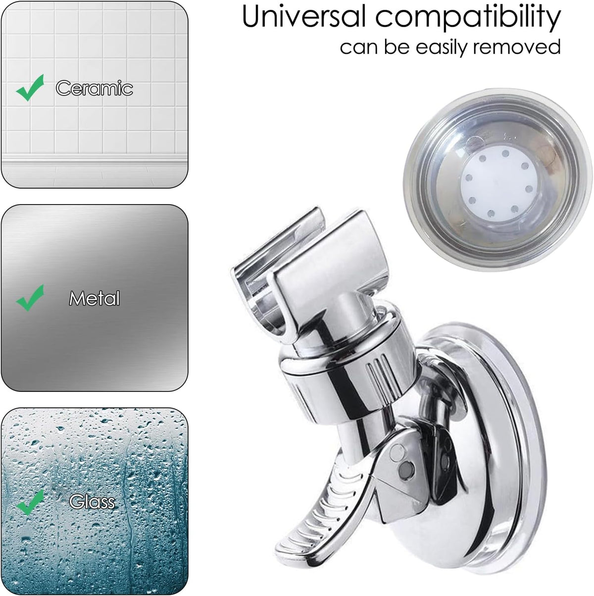 Shower Head Holder - Suction Cup Mounting Without Drilling - 360 Degree Rotatable - Adjustable Angle