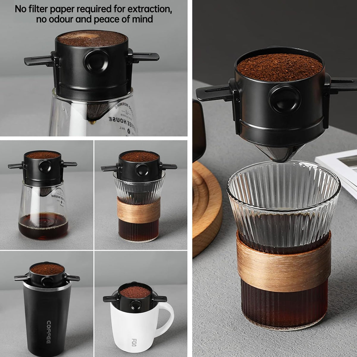 Coffee Filter - Reusable Cone for Drip Coffee - Stainless Steel - Includes Glass Jug