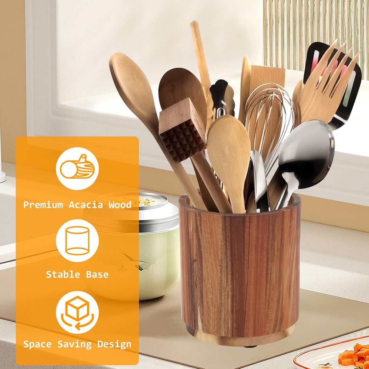 Kitchen Utensil Holder - Acacia Wood with 360 Degree Rotatable - Suitable for 15-20 Pieces - With Non-Slip Bottom - Round Organizer