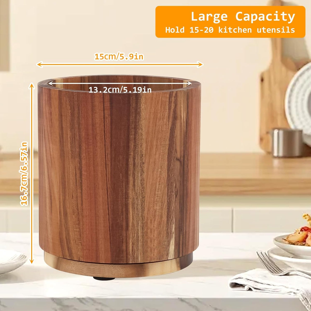 Kitchen Utensil Holder - Acacia Wood with 360 Degree Rotatable - Suitable for 15-20 Pieces - With Non-Slip Bottom - Round Organizer