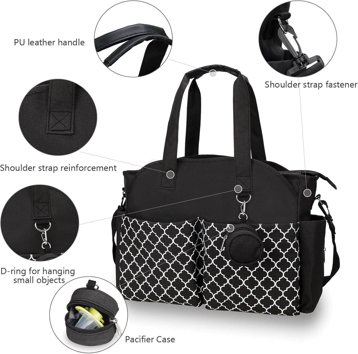 Baby Storage Bag - Multifunctional Diaper Bag with 13 Compartments - Including Special Pacifier Pocket - Large Capacity for All Baby Needs - Black