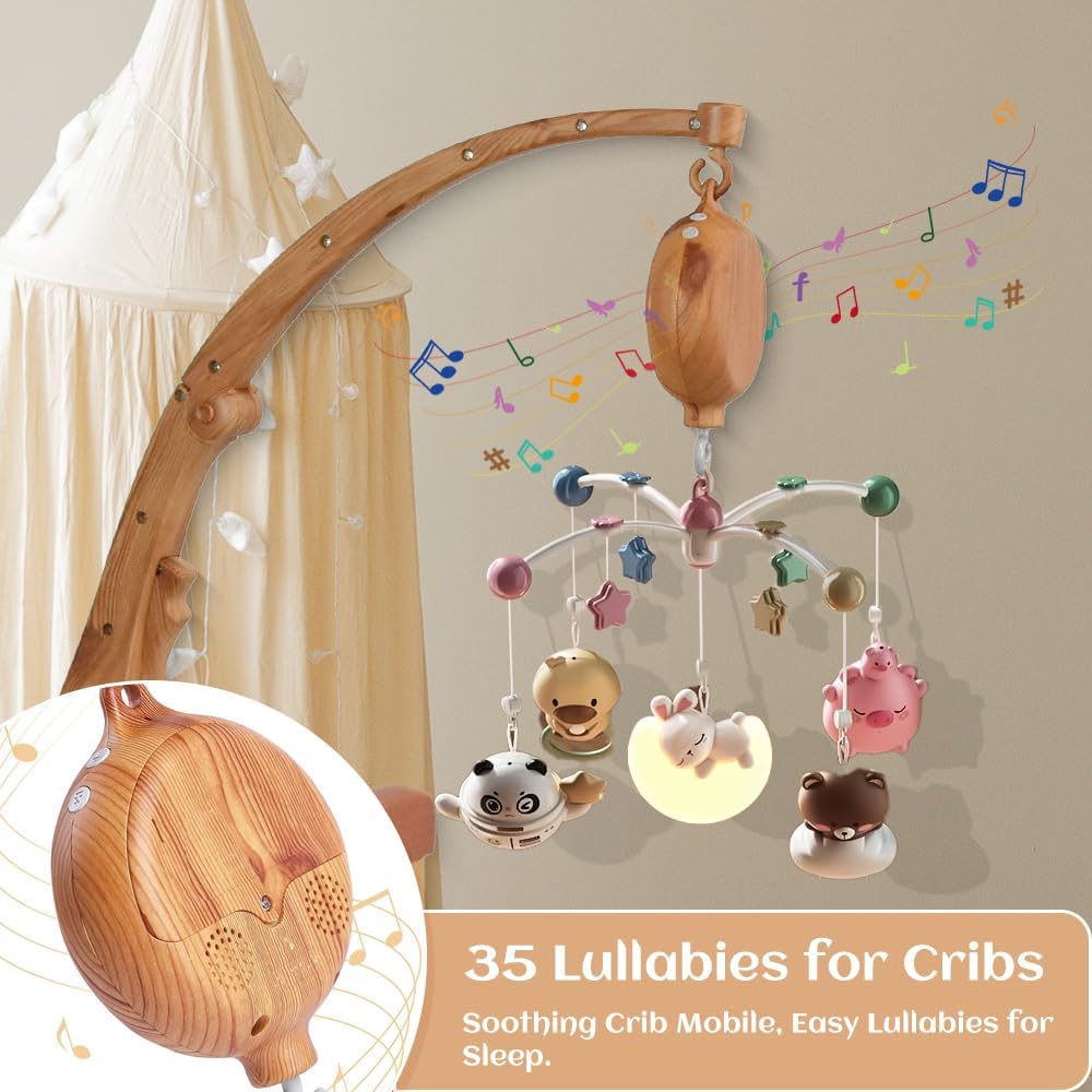Baby Mobile - With Music Box and 35 Melodies - Wooden Design - For Baby Bed and Crib - White and Natural Colors