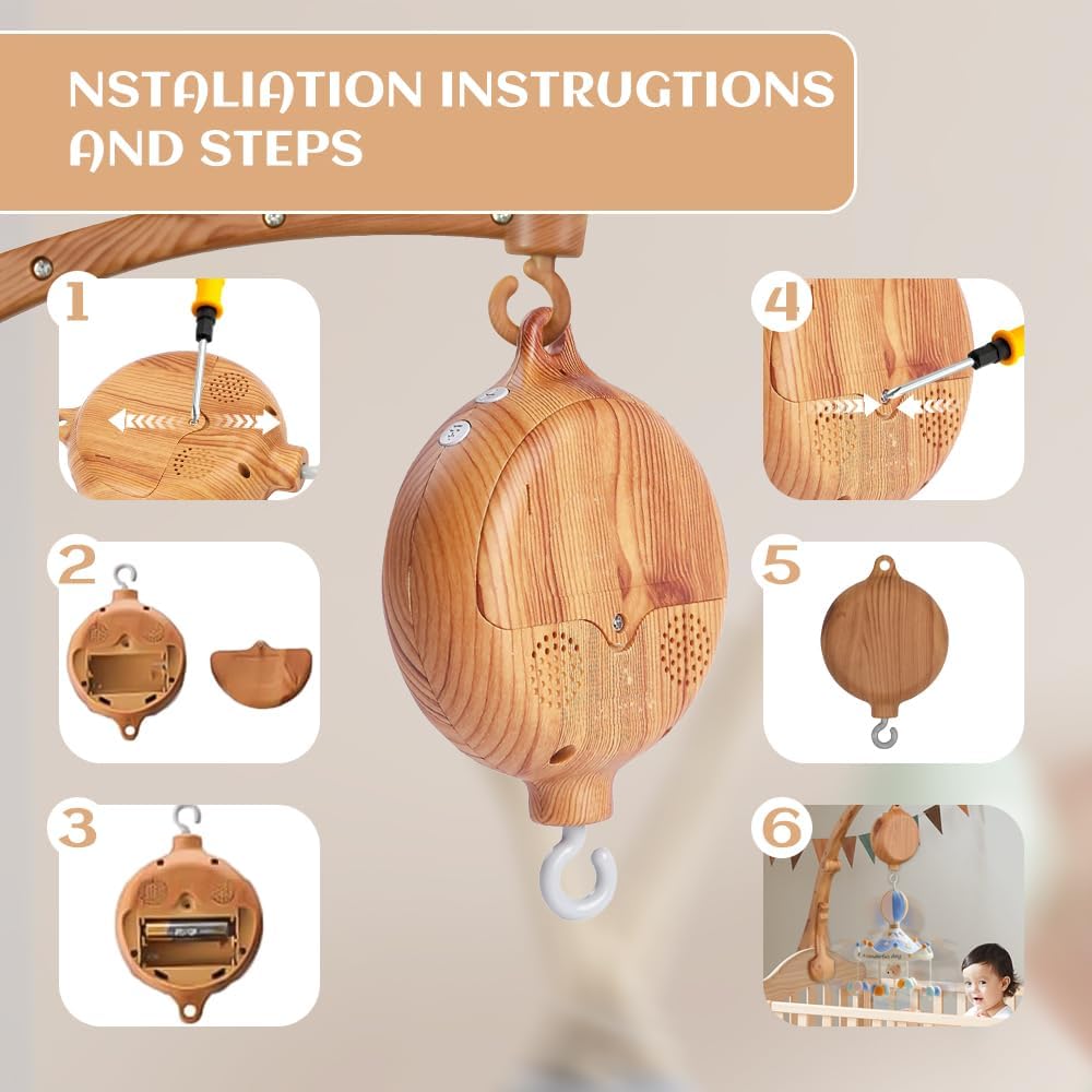 Baby Mobile - With Music Box and 35 Melodies - Wooden Design - For Baby Bed and Crib - White and Natural Colors