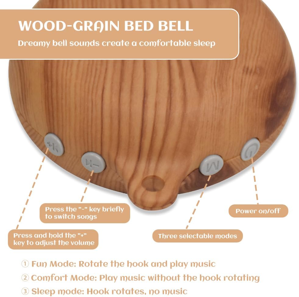 Baby Mobile - With Music Box and 35 Melodies - Wooden Design - For Baby Bed and Crib - White and Natural Colors