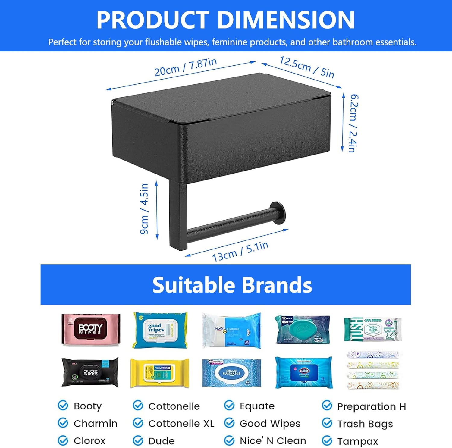 Toilet Roll Holder - Black Stainless Steel - With Wet Wipe Holder - Self-Adhesive Mounting - For Bathroom and Kitchen
