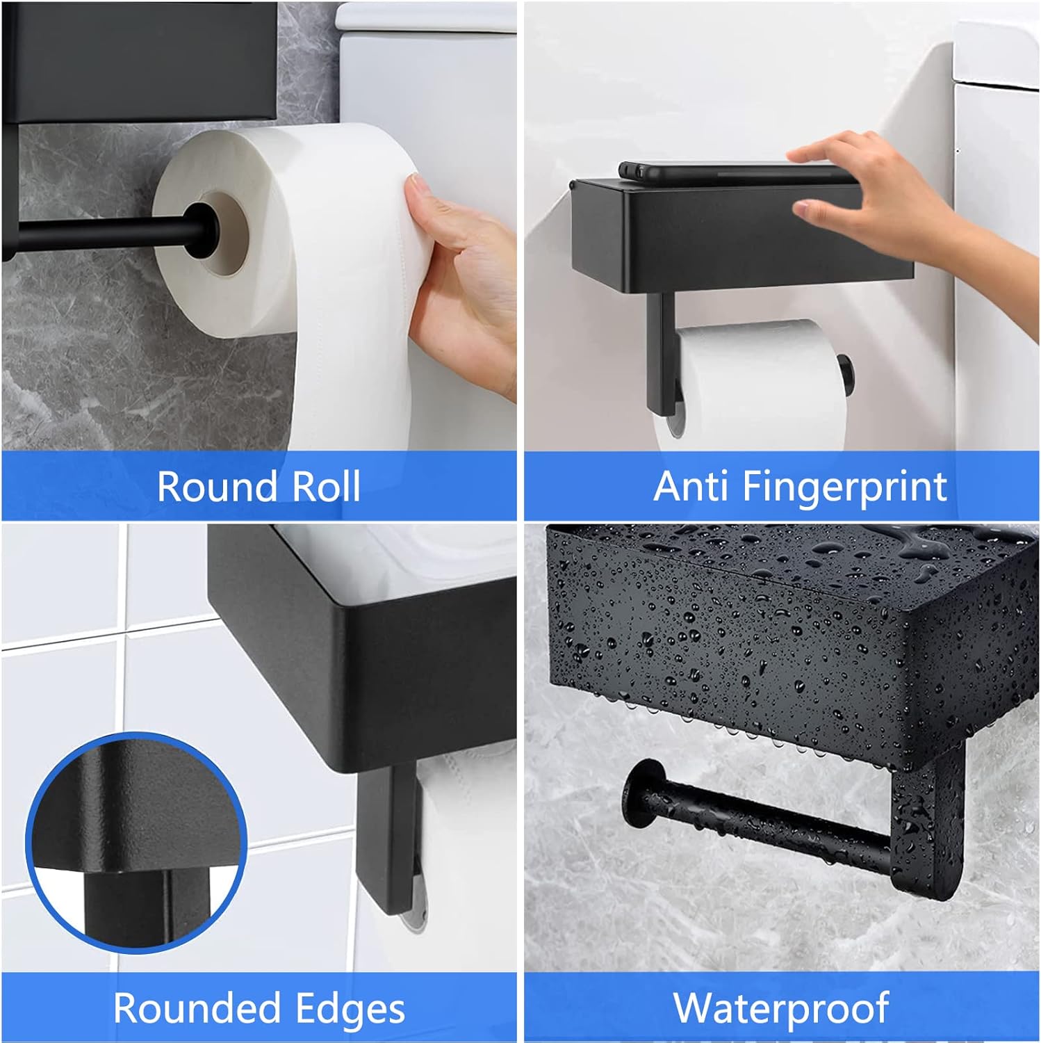 Toilet Roll Holder - Black Stainless Steel - With Wet Wipe Holder - Self-Adhesive Mounting - For Bathroom and Kitchen