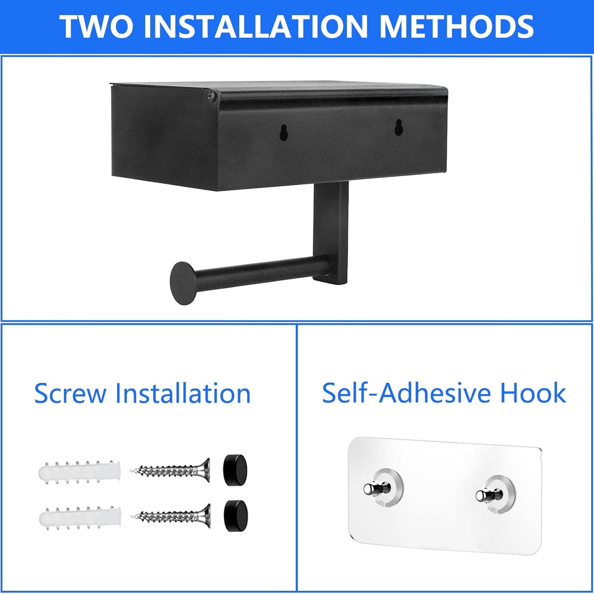 Toilet Roll Holder - Black Stainless Steel - With Wet Wipe Holder - Self-Adhesive Mounting - For Bathroom and Kitchen