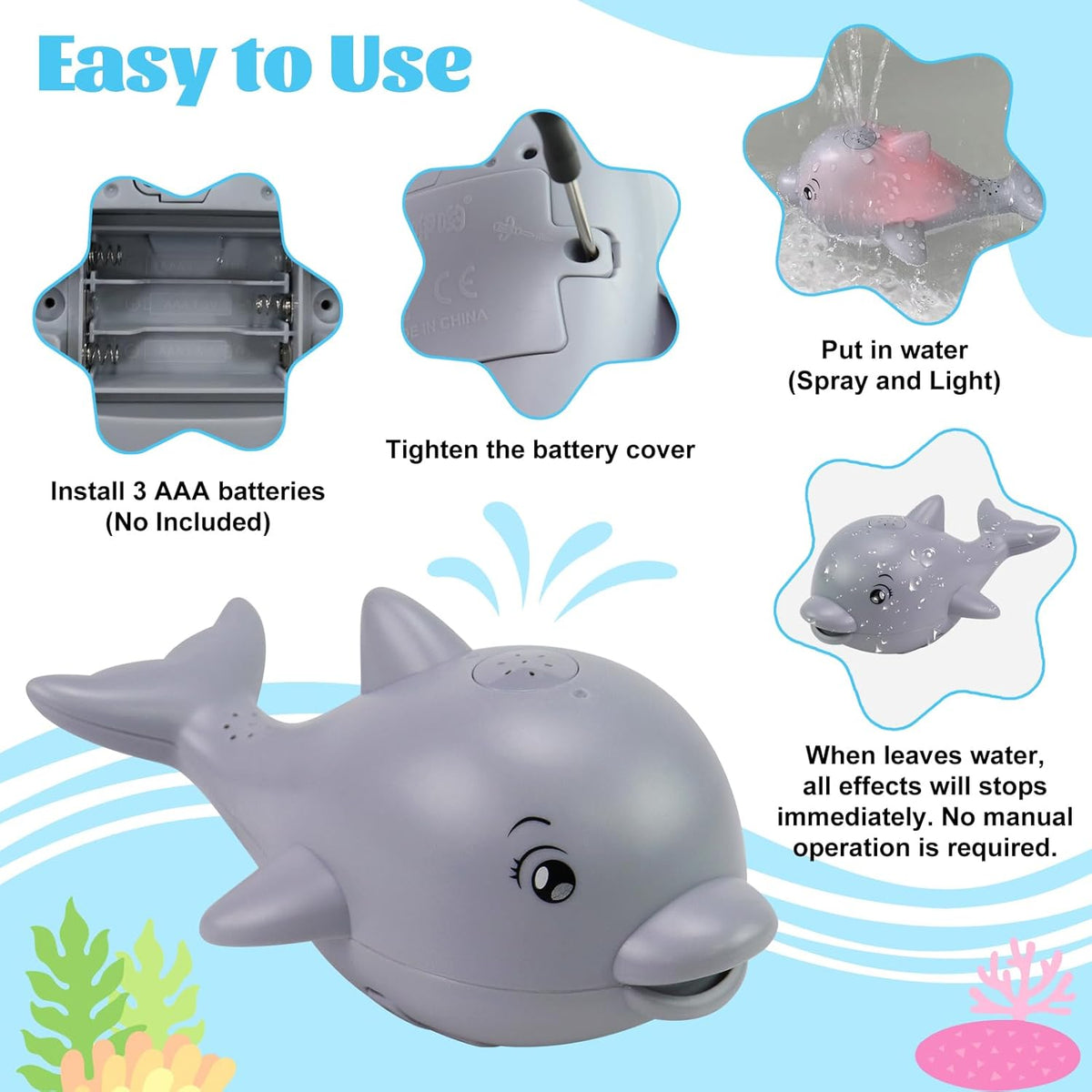 Baby Toys 6–36 Months – Bath Toys – Educational Toys – 2-in-1 Dolphin Bath Toy with LED Light and Music – Induction Water Sprayer and Universal Wheels – Safe ABS Material – Sensory Toys for Motor Skills and Bath Fun