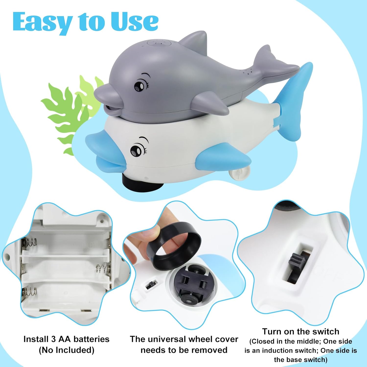 Baby Toys 6–36 Months – Bath Toys – Educational Toys – 2-in-1 Dolphin Bath Toy with LED Light and Music – Induction Water Sprayer and Universal Wheels – Safe ABS Material – Sensory Toys for Motor Skills and Bath Fun