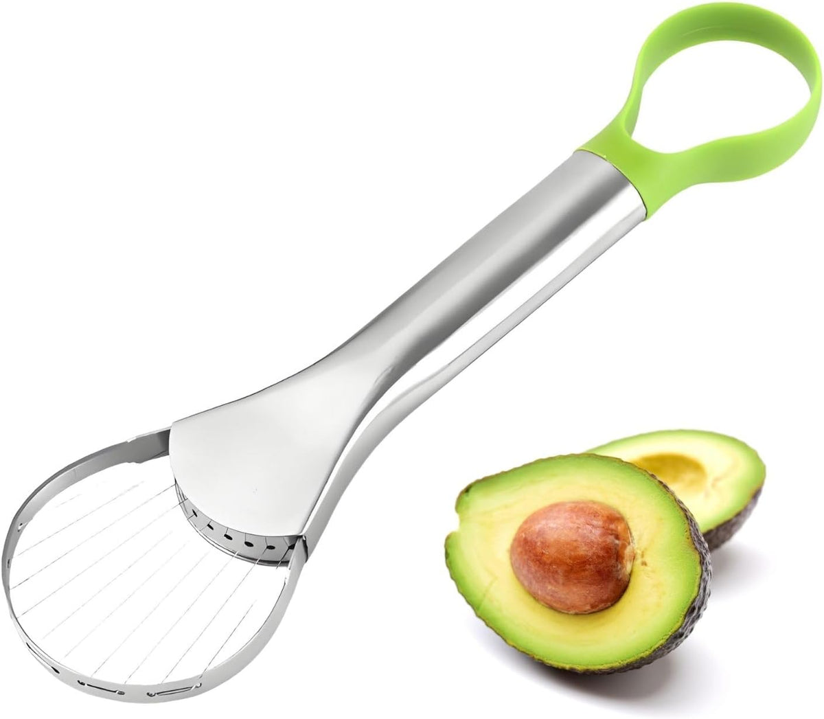Avocado Slicer – 3-in-1 Avocado Cutting and Pitting Tool – Stainless Steel Pitter, Slicer and Spoon – Multifunctional Fruit Slicer with Green Handle – Kitchen Tool
