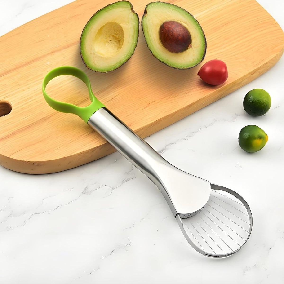 Avocado Slicer – 3-in-1 Avocado Cutting and Pitting Tool – Stainless Steel Pitter, Slicer and Spoon – Multifunctional Fruit Slicer with Green Handle – Kitchen Tool
