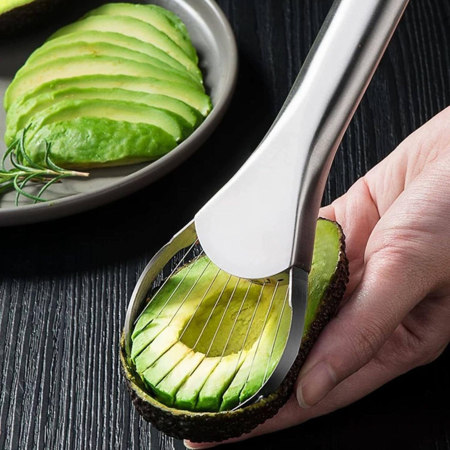 Avocado Slicer – 3-in-1 Avocado Cutting and Pitting Tool – Stainless Steel Pitter, Slicer and Spoon – Multifunctional Fruit Slicer with Green Handle – Kitchen Tool