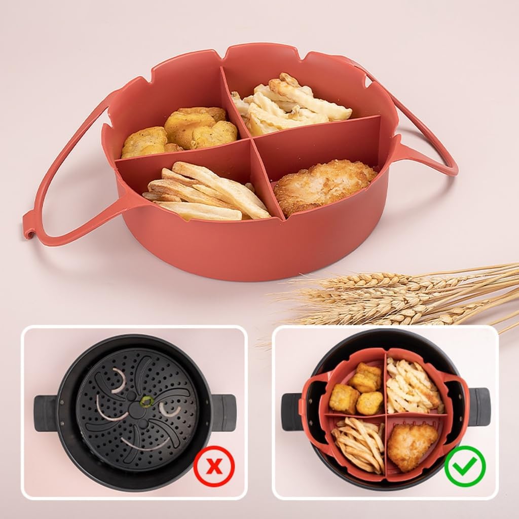 Airfryer Accessories – Airfryer Baking Tray – Silicone Airfryer Basket Liner with Four-Compartment Divider – Oven Safe Grilling Mats – Silicone Airfryer Bowl for Baking & Cooking – Gray – 1 Piece