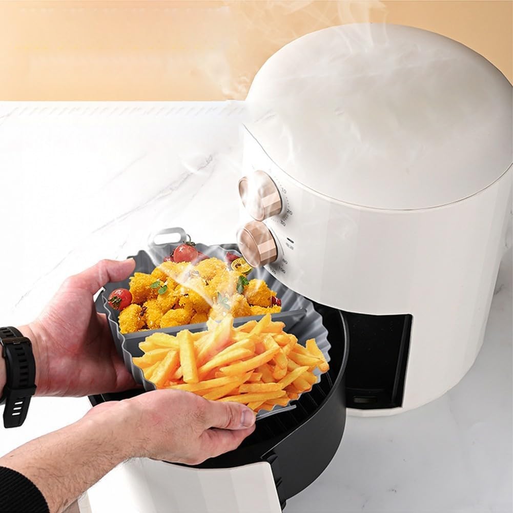 Airfryer baking tray – Airfryer accessories – Round Silicone Baking Tray with Division – Non-Stick Heat Resistant Baking Pan for Oven & Airfryer – Suitable for Cakes, Cookies & Muffins – 20×20×4.5 cm – Off White and Gray – 2 pieces