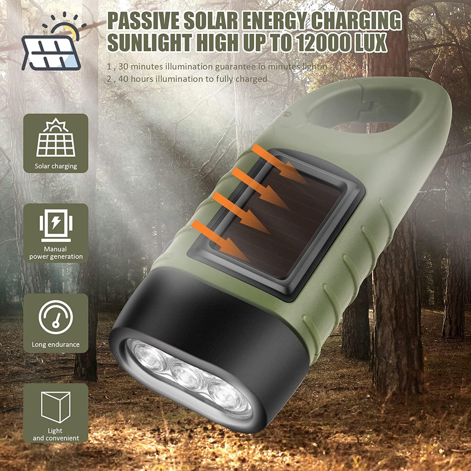 Emergency Flashlight - Military Clamp Rechargeable - Dynamo & Solar Powered - For Emergency Kits and Power Outages - Dark Green