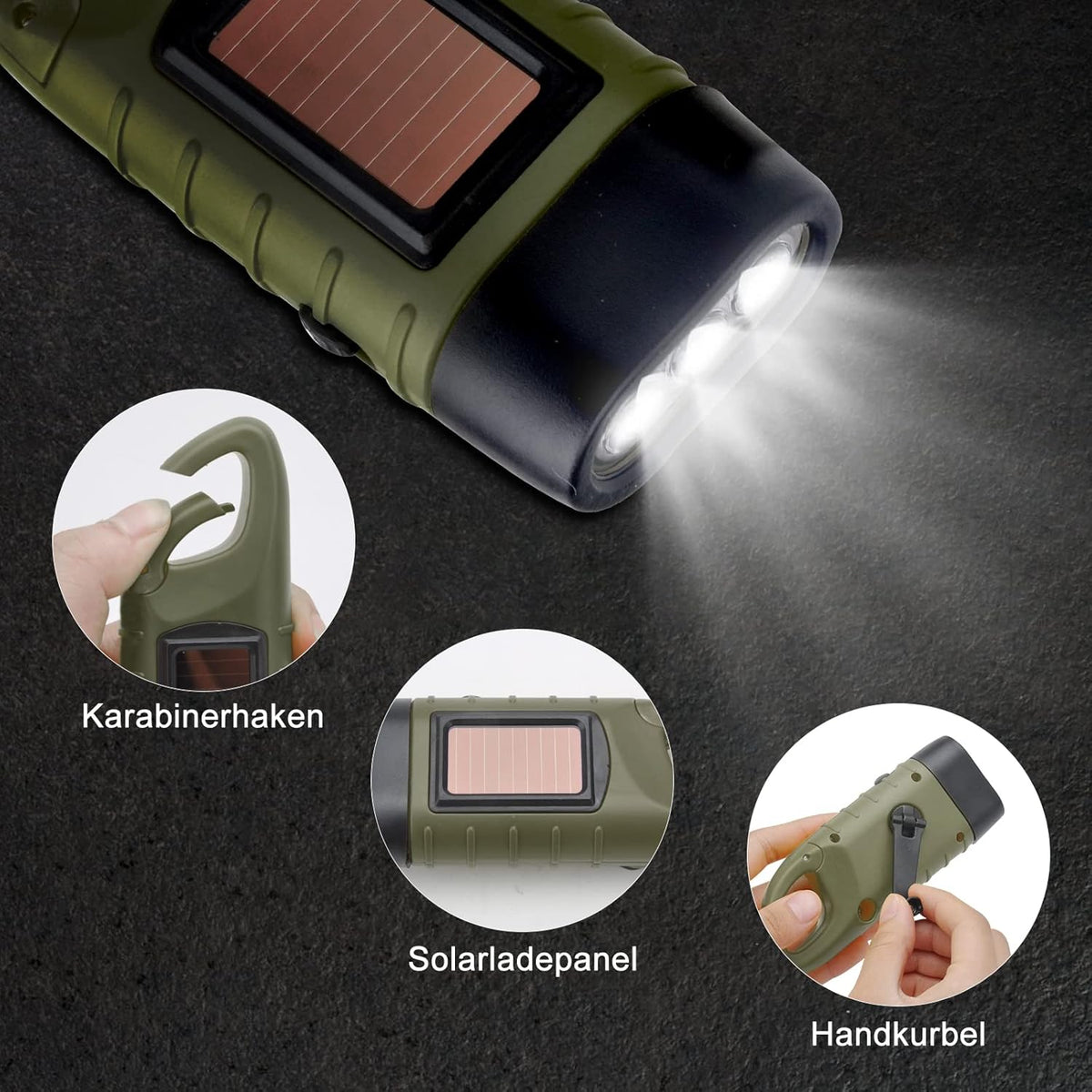 Emergency Flashlight - Military Clamp Rechargeable - Dynamo & Solar Powered - For Emergency Kits and Power Outages - Black