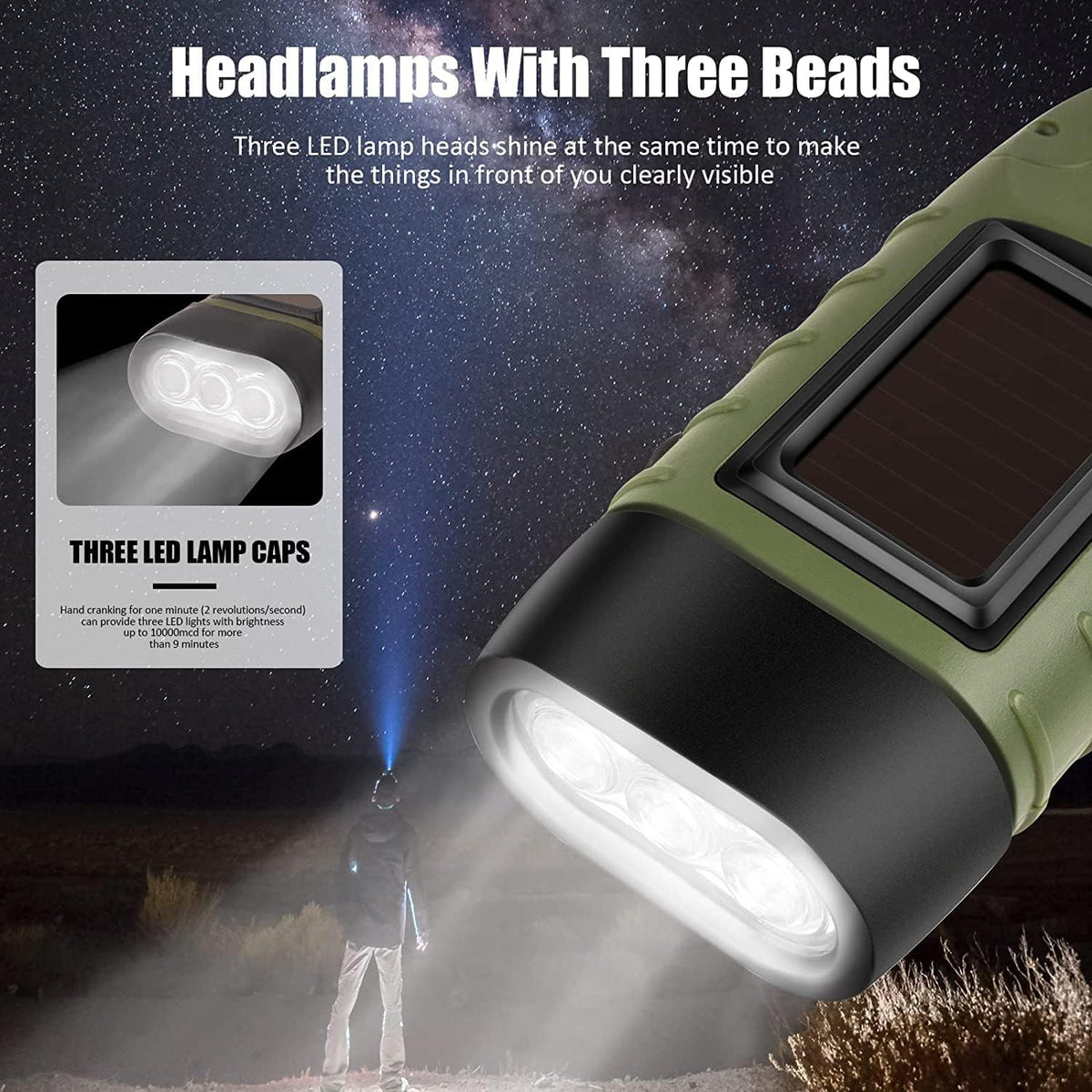 Emergency Flashlight - Military Clamp Rechargeable - Dynamo & Solar Powered - For Emergency Kits and Power Outages - Black