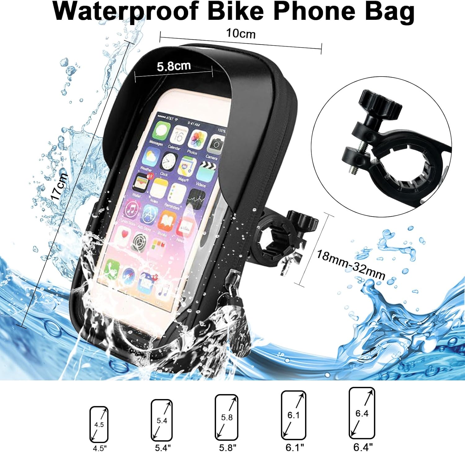 Waterproof Bike Phone Holder - Sensitive Touchscreen & Face ID - Universal Mobile Phone Holder for Motorcycle & Scooter - Black