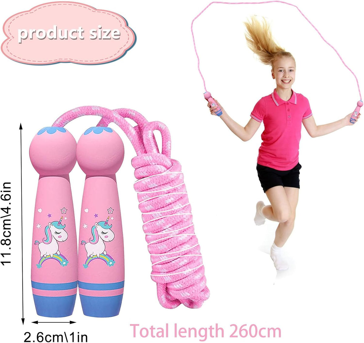 Adjustable Children's Skipping Rope - With Wooden Handle - 260 cm - Suitable for Boys & Girls - For School & Play