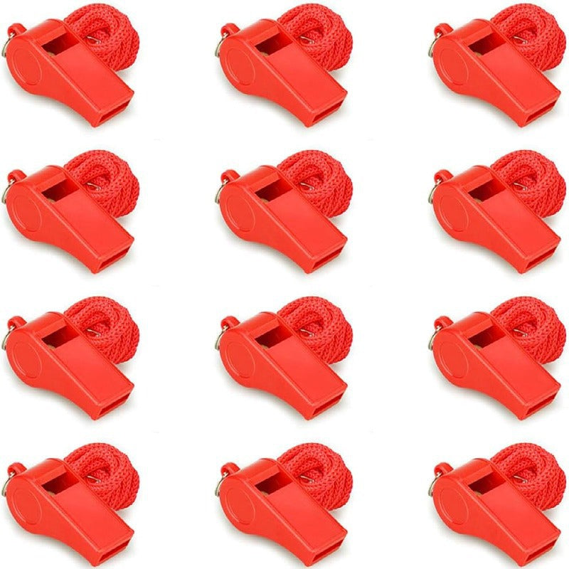Emergency Whistles with Lanyard - Set of 12 - Loud &amp; Clear Sound - Safety Whistles for Sports &amp; Self-Defense - Red