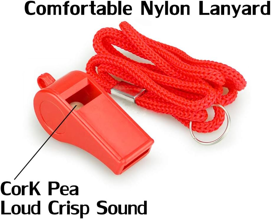 Emergency Whistles with Lanyard - Set of 12 - Loud & Clear Sound - Safety Whistles for Sports & Self-Defense - Red