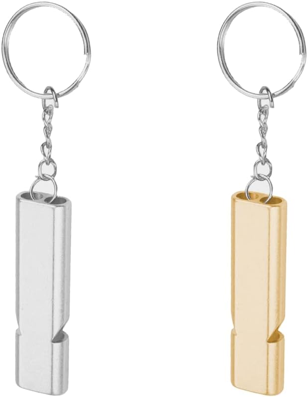 Metal Emergency Whistle - Set of 2 - With Keychain - Loud Signal for Sports, Outdoors &amp; Safety - Silver and Gold