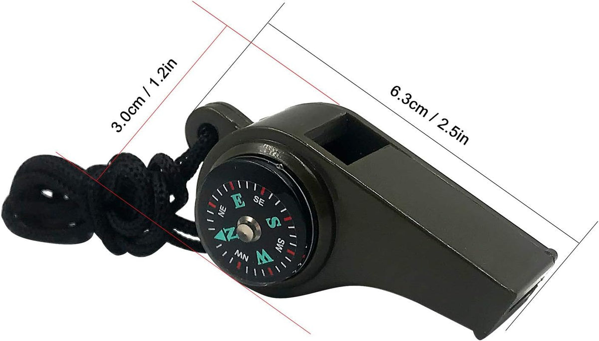 3-in-1 Emergency Whistle with Compass & Thermometer - Set of 2 - Includes Lanyard - Safety Whistle for Outdoor, Hiking & Camping - Green