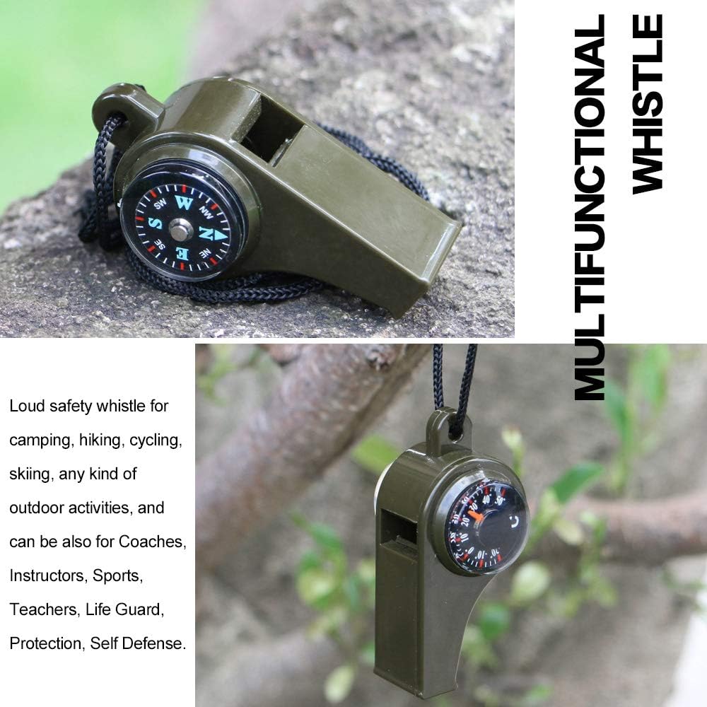 3-in-1 Emergency Whistle with Compass & Thermometer - Set of 2 - Includes Lanyard - Safety Whistle for Outdoor, Hiking & Camping - Green