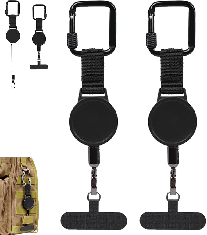 Anti-theft Phone Cord - Set of 2 - Retractable - With Belt Clip - Safety Cord for Smartphone - Black