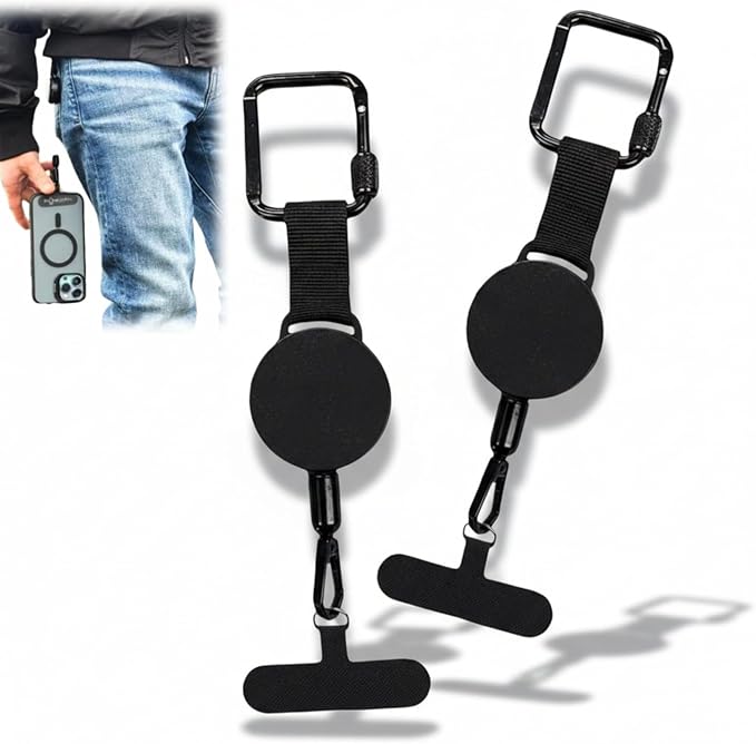 Anti-theft Phone Cord - Set of 2 - Retractable - With Belt Clip - Safety Cord for Smartphone - Black
