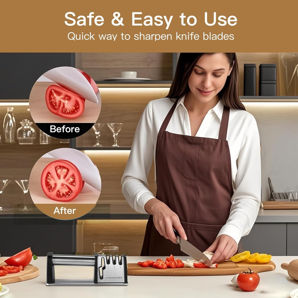 4-in-1 Knife Sharpener - With Scissor Sharpener - 3-Step Pull-Through Sharpener for Kitchen Knives - Anti-Slip & Ergonomic - Stainless Steel - Knife Sharpener