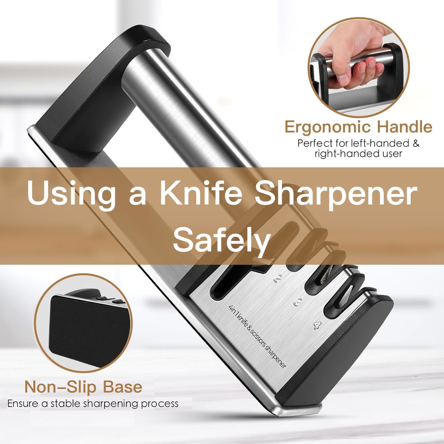 4-in-1 Knife Sharpener - With Scissor Sharpener - 3-Step Pull-Through Sharpener for Kitchen Knives - Anti-Slip & Ergonomic - Stainless Steel - Knife Sharpener