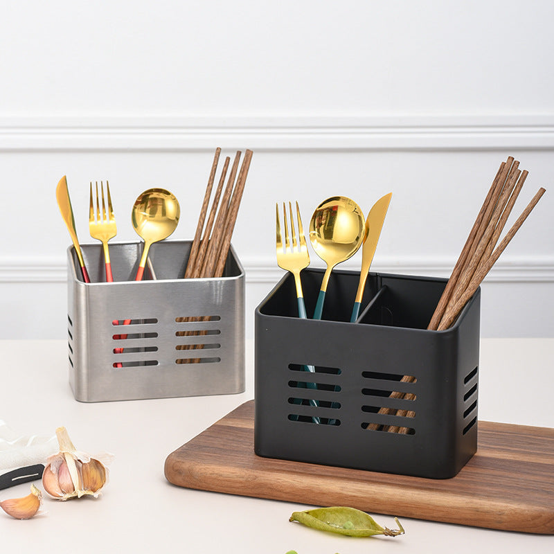 Set of 2 Cutlery Holders - Black &amp; Silver - 430 Stainless Steel Cutlery Basket - Countertop Drainer - Modern &amp; Rustproof