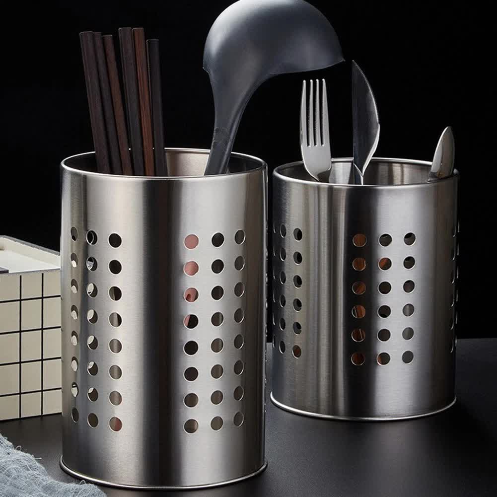 Large stainless steel cutlery holder - cutlery container cylinder - 12 x 15 cm - kitchen organizer - silver
