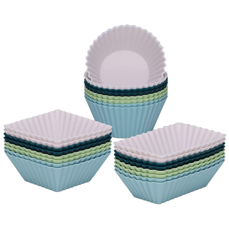 Silicone Muffin Mold Set - 24 Pieces - Reusable Cupcake Molds - Round, Square &amp; Rectangular - Blue &amp; White