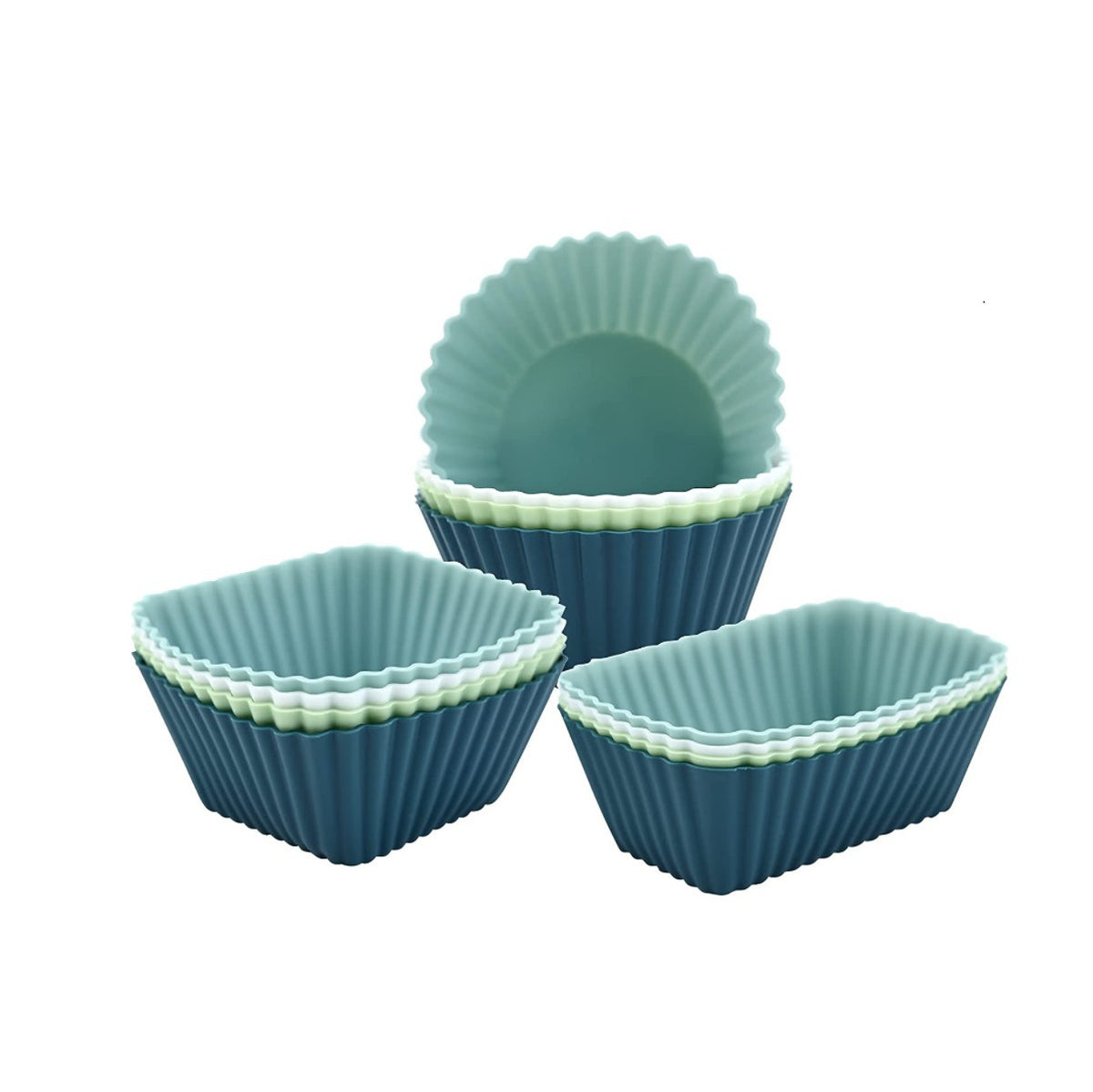 Silicone Muffin Mold Set - 12 Pieces - Reusable Cupcake Molds - Round, Square &amp; Rectangular - Blue