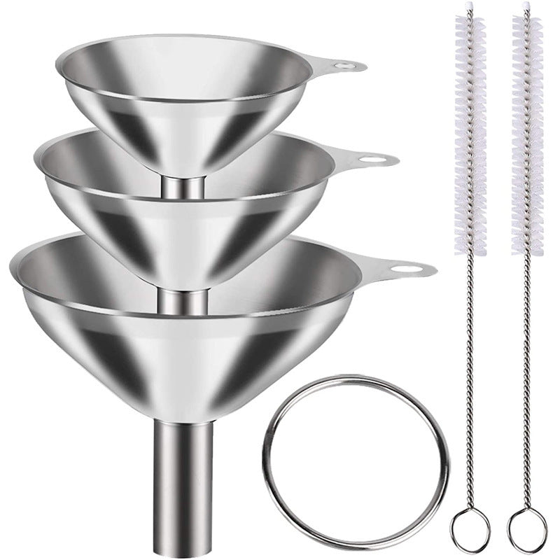 Stainless Steel Funnel Set of 3 - Includes 2 Cleaning Brushes - Kitchen Funnels with Handle - For Liquids, Oil &amp; Spices