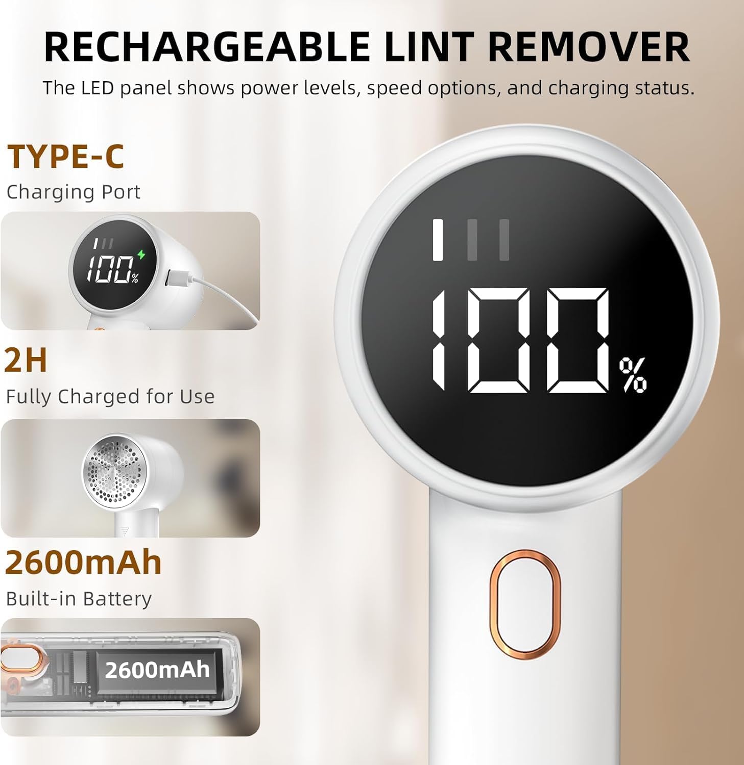 Electric lint remover - Rechargeable lint shaver - With LED display - 3 speeds - Sweater depiller - black
