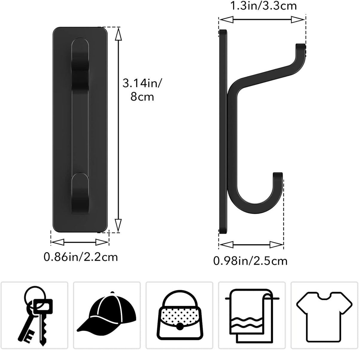 Black Towel Hooks - Set of 6 - Self-Adhesive Wall Hooks - No Drilling Required - For Bathroom & Kitchen